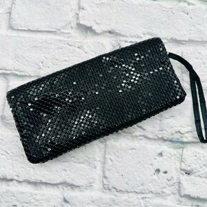 Bebe Shimmering Black Metalic Clutch Wrislet Bag Elegant Evening